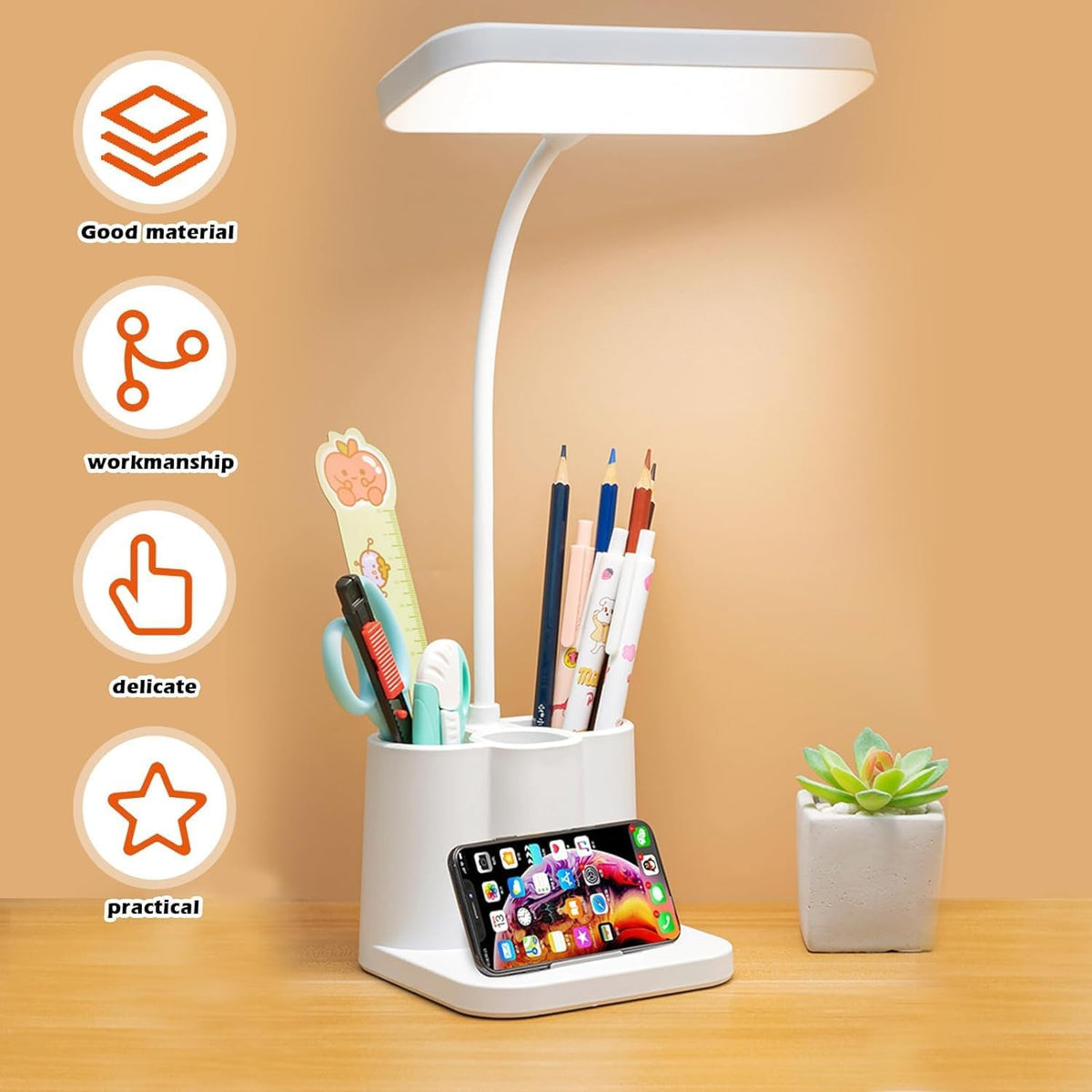 Multi-Function LED Bedside Desk Lamp with Pen Holder & Phone Stand