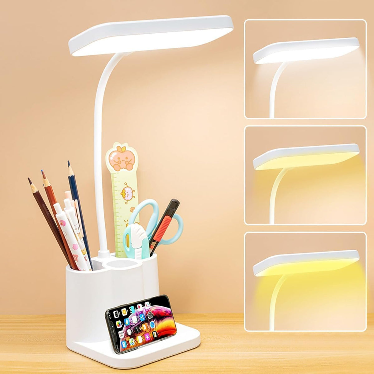 Multi-Function LED Bedside Desk Lamp with Pen Holder & Phone Stand