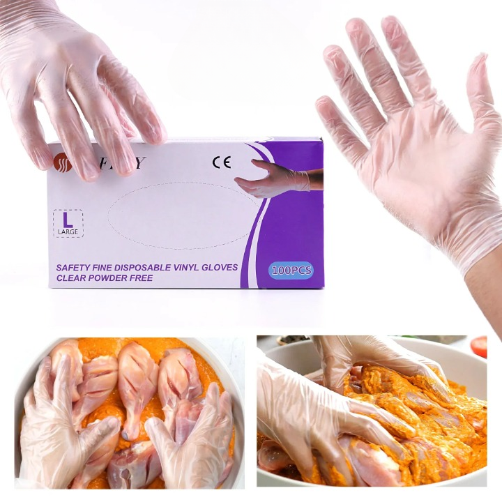 Safety Fine Clear Disposable Vinyl Gloves – Powder-Free, Food Safe & Latex-Free Non-Sterile Cleaning & Food Prep Gloves (100 Count)