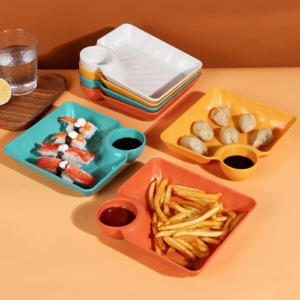 4-Pcs Plastic Snack Plate Set with Built-in Sauce compartment