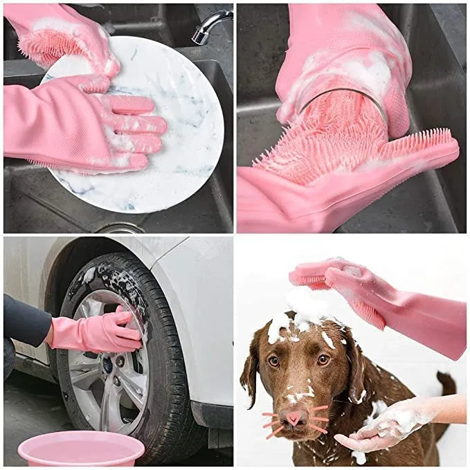 Silicone Dishwashing Gloves with Built-In Scrubber